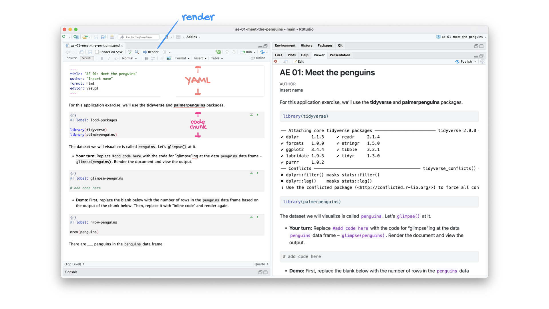 RStudio IDE with a Quarto document, source code on the left and output on the right. Annotated to show the YAML, a link, a header, and a code chunk.